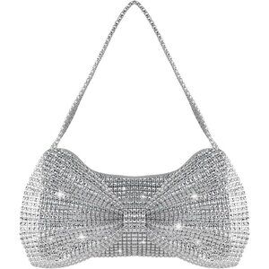 🆕Women Silver Rhinestone Evening Clutch Purse  Bowknot Elegant Party Handbag